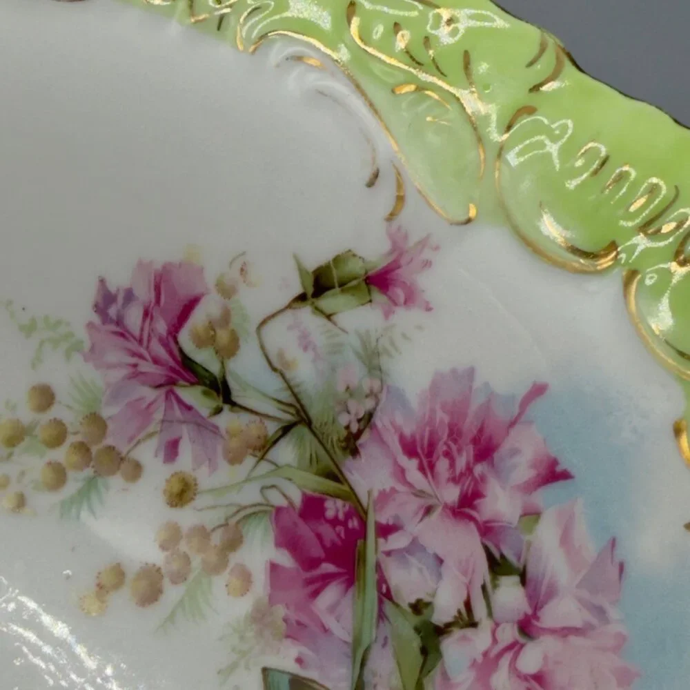 Antique Hand Painted Porcelain 10” Serving Bowl Pink Green Gilt Floral